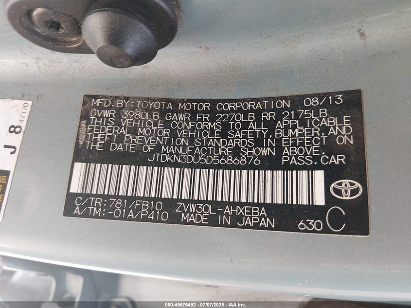2013 Toyota Prius VIN JTDKN3DU5D5686876 IAAI salvage auction — NORMAL WEAR, Clear (Florida), sold $1,150 on 2026-07-28 (photo 9)