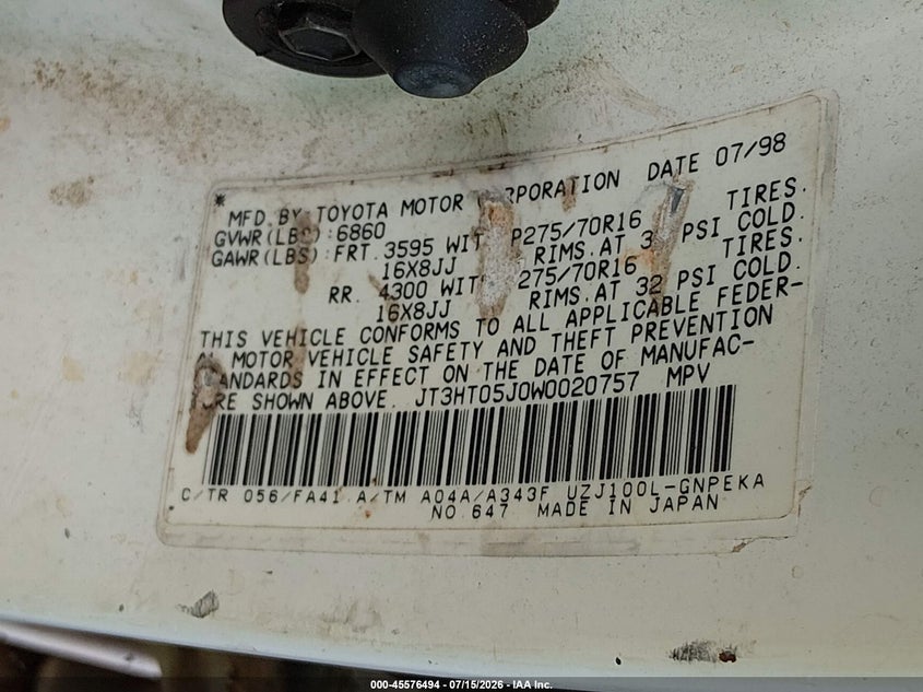 1998 Toyota Land cruiser VIN JT3HT05J0W0020757 IAAI salvage auction — NORMAL WEAR, Clear (Georgia), sold $1,550 on 2026-07-22 (photo 9)