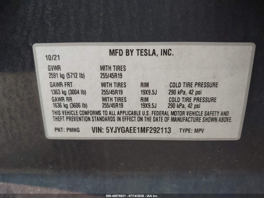 2021 Tesla Model y VIN 5YJYGAEE1MF292113 IAAI salvage auction — LEFT FRONT, Salvage Title, sold $8,500 on 2026-07-22 (photo 9)