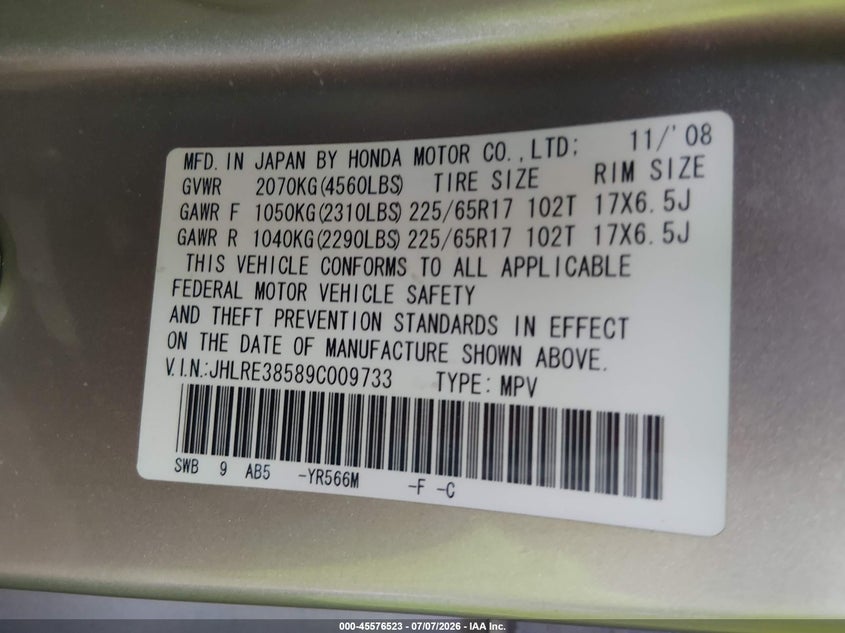 2009 Honda Cr-v VIN JHLRE38589C009733 IAAI salvage auction — NORMAL WEAR, Clear-Dealer Only (Arizona), sold $1,550 on 2026-07-14 (photo 9)