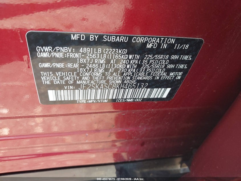 2019 Subaru Forester VIN JF2SKASC8KH465132 IAAI salvage auction — LEFT SIDE, Mv-907A (New York), sold $25 on 2026-07-21 (photo 9)