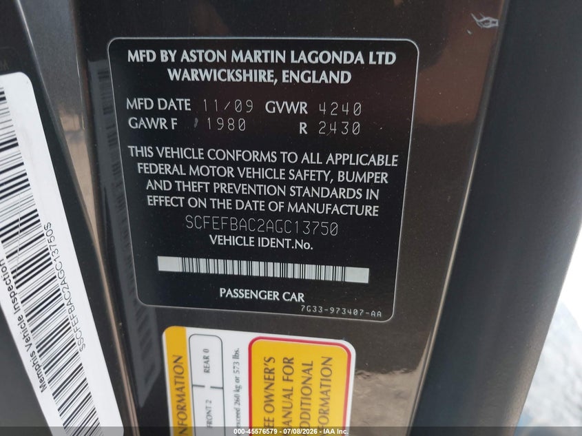2010 Aston martin V8 vantage VIN SCFEFBAC2AGC13750 IAAI salvage auction — NO DAMAGE, Original (Texas), sold $15,200 on 2026-07-27 (photo 9)