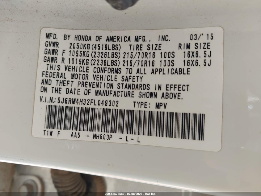2015 Honda Cr-v VIN 5J6RM4H32FL049302 IAAI salvage auction — FRONT END, Salvage (Texas), sold $5,000 on 2026-08-01 (photo 9)
