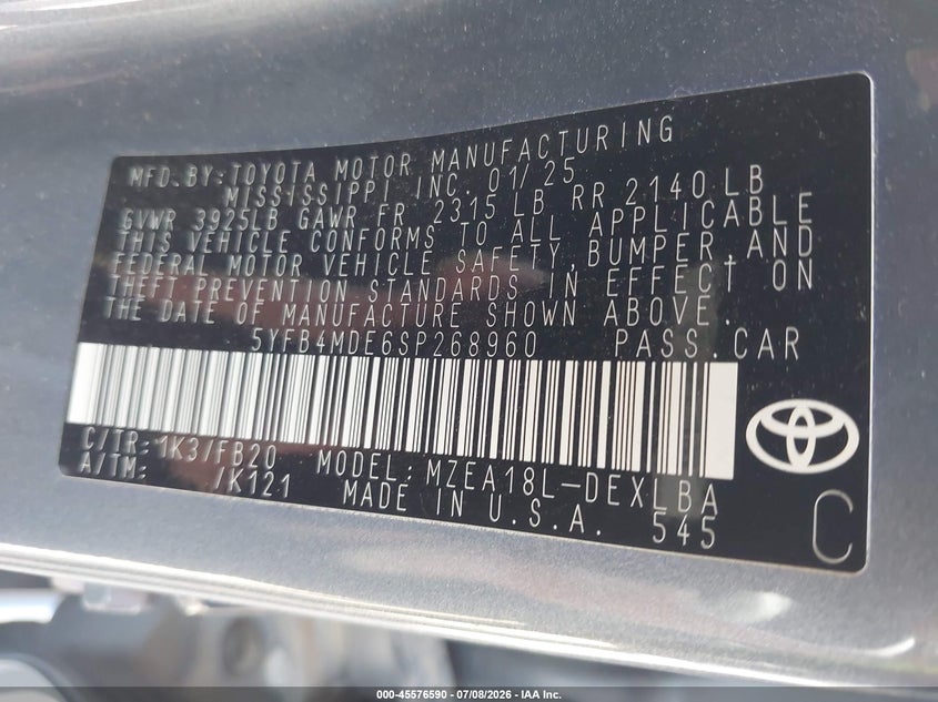 2025 Toyota Corolla VIN 5YFB4MDE6SP268960 IAAI salvage auction — HAIL, Salvage Title, sold $14,350 on 2026-07-16 (photo 9)