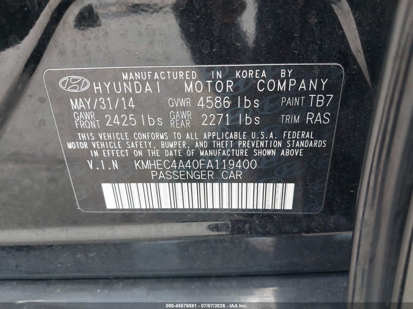 2015 Hyundai Sonata hybrid VIN KMHEC4A40FA119400 IAAI salvage auction — NORMAL WEAR, Clear (Florida), sold $150 on 2026-07-22 (photo 9)