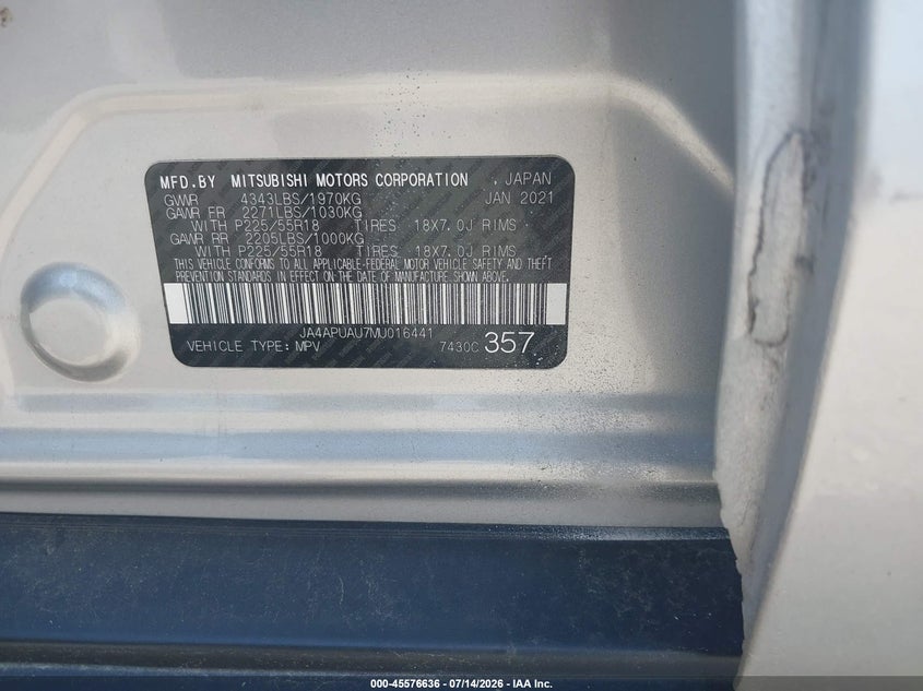 2021 Mitsubishi Outlander VIN JA4APUAU7MU016441 IAAI salvage auction — REAR END, Salvage Title, sold $4,525 on 2026-08-21 (photo 9)