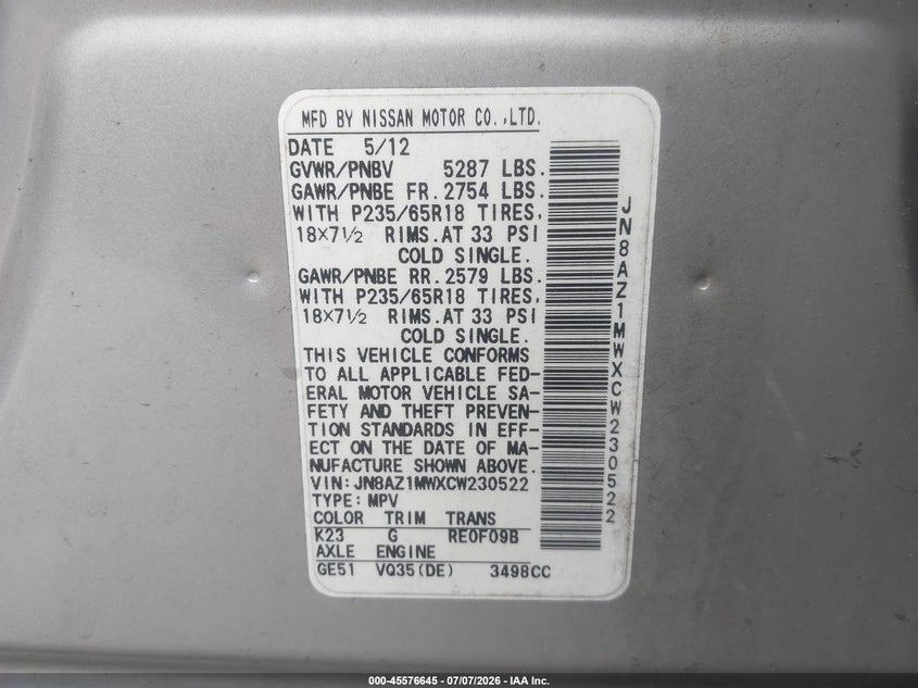 2012 Nissan Murano VIN JN8AZ1MWXCW230522 IAAI salvage auction — NORMAL WEAR, Clear (Maryland), sold $475 on 2026-07-28 (photo 9)