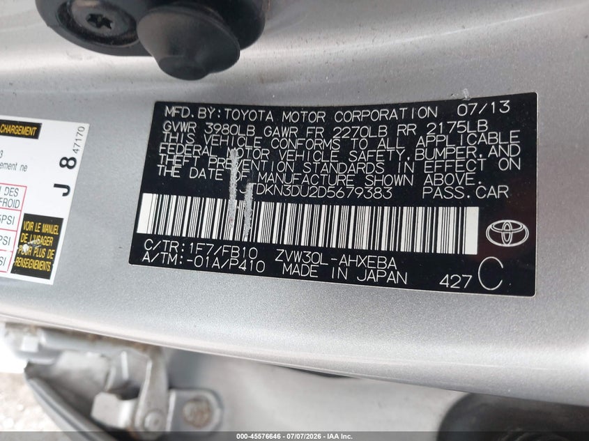 2013 Toyota Prius VIN JTDKN3DU2D5679383 IAAI salvage auction — NORMAL WEAR, Clear (Pennsylvania), sold $4,350 on 2026-07-10 (photo 9)