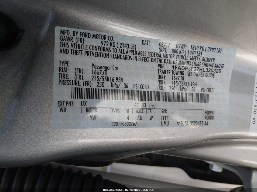 2017 Ford Focus VIN 1FADP3F27HL320326 IAAI salvage auction — NORMAL WEAR, Sf97 (Maryland), sold $8,950 on 2026-08-18 (photo 9)