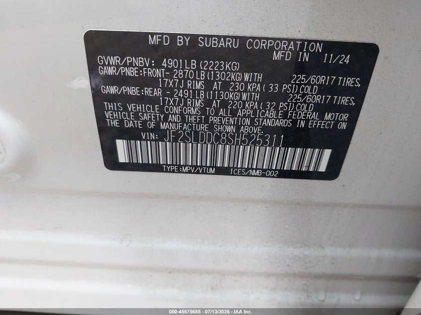 2025 Subaru Forester VIN JF2SLDDC8SH525311 IAAI salvage auction — FRONT END, Salvage (North Carolina), sold $25 on 2026-07-27 (photo 9)
