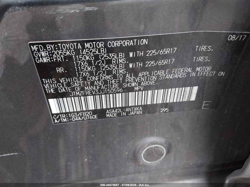 2018 Toyota Rav 4 VIN JTMZFREV3JJ150596 IAAI salvage auction — LEFT SIDE, Salvage (Virginia), sold $4,975 on 2026-07-31 (photo 9)