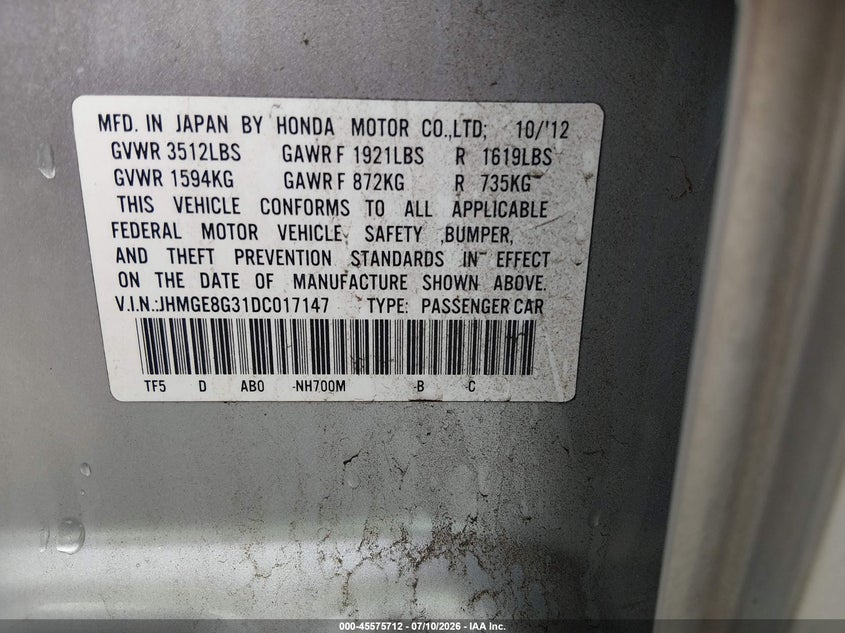 2013 Honda Fit VIN JHMGE8G31DC017147 IAAI salvage auction — NORMAL WEAR, Clear (Missouri), sold $525 on 2026-07-30 (photo 9)