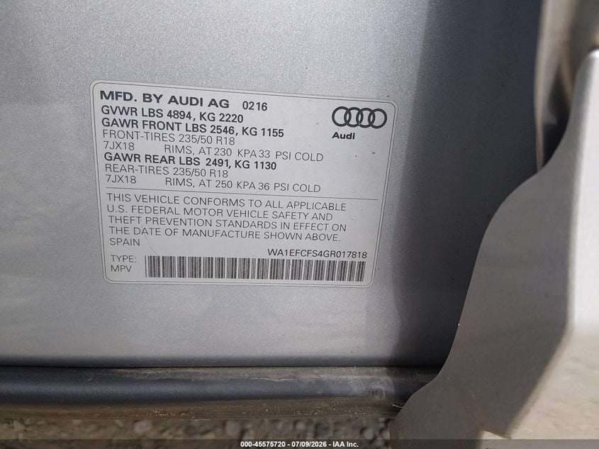 2016 Audi Q3 VIN WA1EFCFS4GR017818 IAAI salvage auction — FRONT END, Salvage (Ohio), sold $2,300 on 2026-08-02 (photo 9)