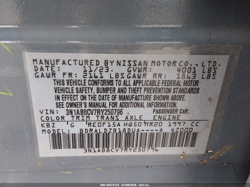 2024 Nissan Sentra VIN 3N1AB8CV7RY250796 IAAI salvage auction — RIGHT SIDE, Salvage Title, sold $6,650 on 2026-09-03 (photo 9)