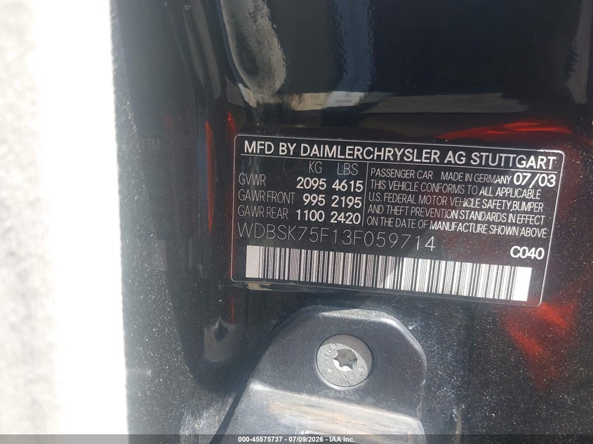 2003 Mercedes-benz Sl-klasse VIN WDBSK75F13F059714 IAAI salvage auction — NORMAL WEAR, Clear (Maryland), sold $100 on 2026-07-29 (photo 9)