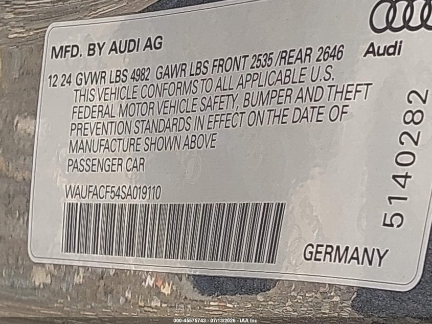 2025 Audi A5 VIN WAUFACF54SA019110 IAAI salvage auction — FRONT END, Wait Title, sold $27,225 on 2026-08-11 (photo 9)
