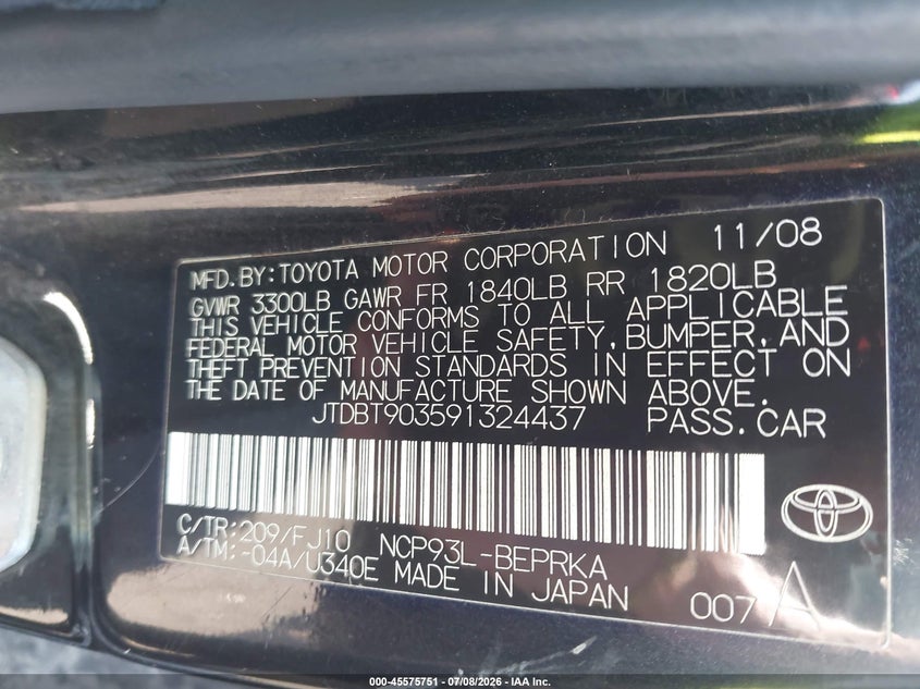 2009 Toyota Yaris VIN JTDBT903591324437 IAAI salvage auction — NORMAL WEAR, Clear (Massachusetts), sold $500 on 2026-07-28 (photo 9)