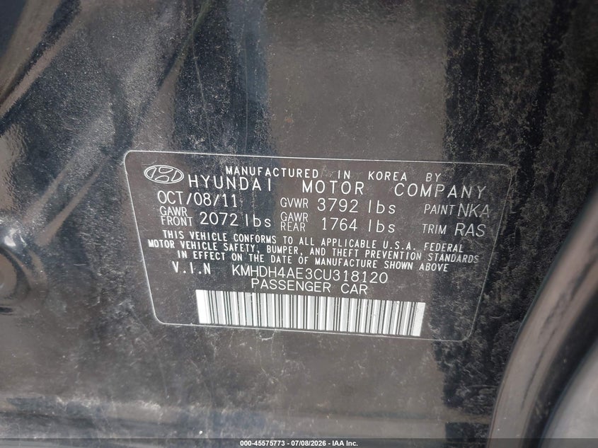 2012 Hyundai Elantra VIN KMHDH4AE3CU318120 IAAI salvage auction — NORMAL WEAR, Clear (Pennsylvania), sold $575 on 2026-07-28 (photo 9)