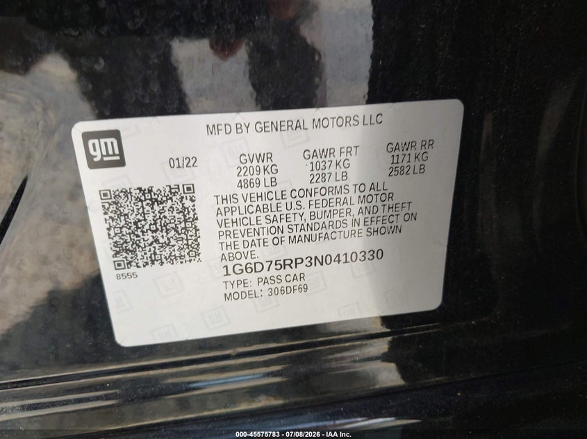 2022 Cadillac Ct4-v VIN 1G6D75RP3N0410330 IAAI salvage auction — FRONT & REAR, Salvage Title, sold $18,300 on 2026-08-18 (photo 9)
