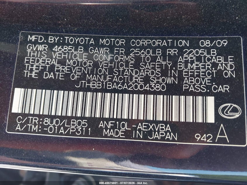 2010 Lexus Hs 250h VIN JTHBB1BA6A2004380 IAAI salvage auction — NORMAL WEAR, Clear (Tennessee), sold $600 on 2026-07-30 (photo 9)