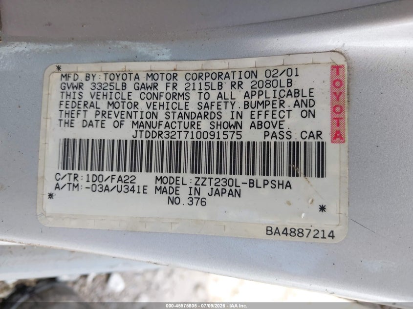 2001 Toyota Celica VIN JTDDR32T710091575 IAAI salvage auction — NORMAL WEAR, Clear (Colorado), sold $1,800 on 2026-07-20 (photo 9)