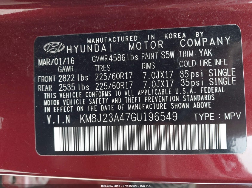 2016 Hyundai Tucson VIN KM8J23A47GU196549 IAAI salvage auction — NORMAL WEAR, Original (Texas), sold $25 on 2026-07-28 (photo 9)