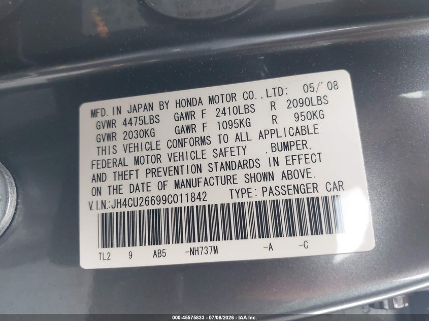 2009 Acura Tsx VIN JH4CU26699C011842 IAAI salvage auction — RIGHT FRONT, Clear (Virginia), sold $775 on 2026-07-31 (photo 9)