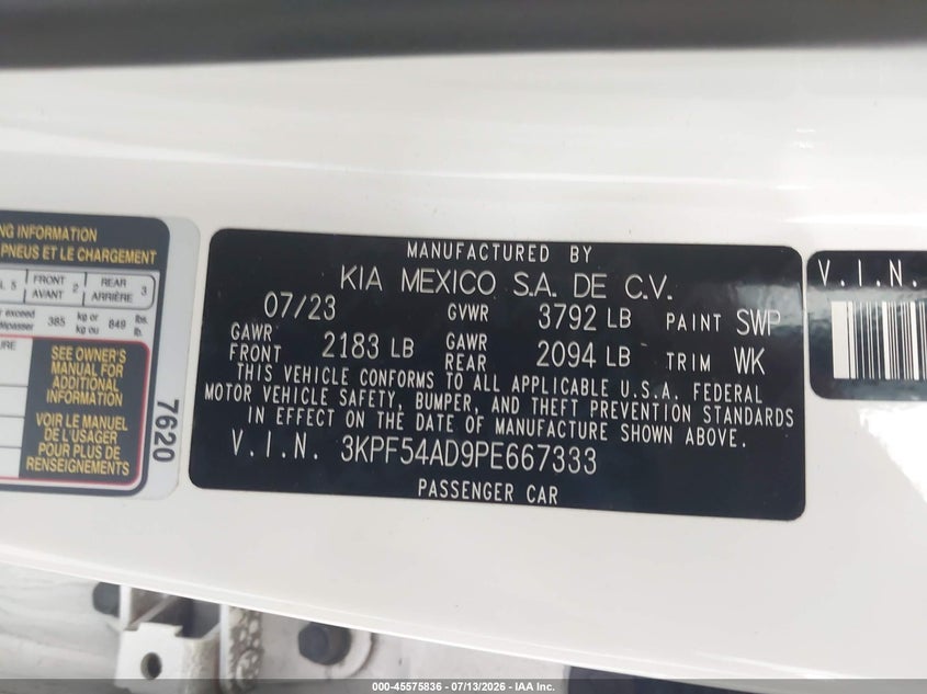 2023 Kia Forte VIN 3KPF54AD9PE667333 IAAI salvage auction — FRONT END, Salvage Title, sold $3,975 on 2026-09-03 (photo 9)