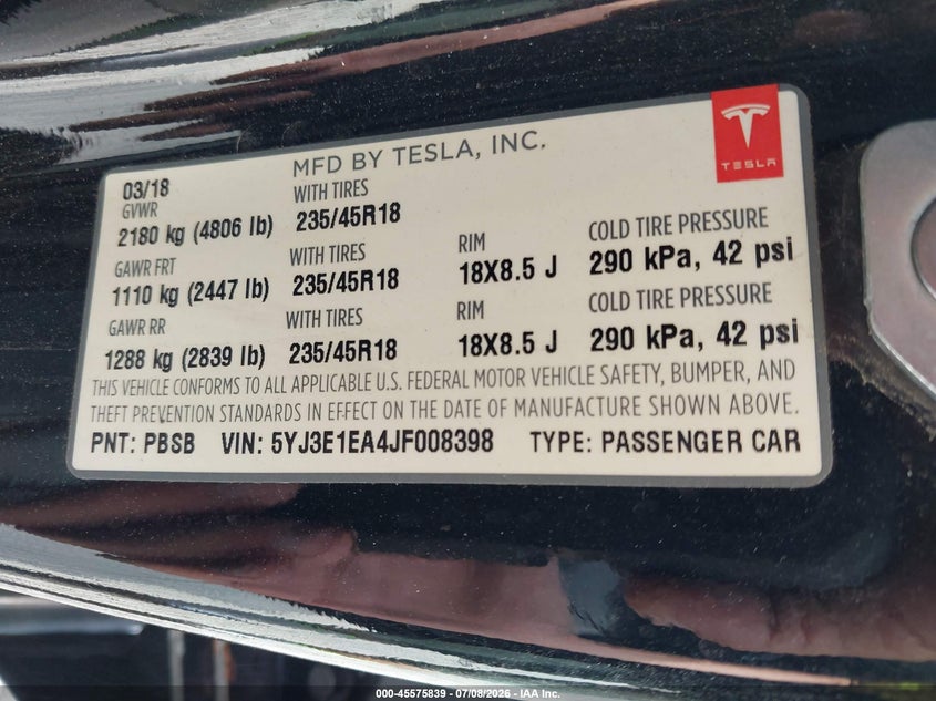 2018 Tesla Model 3 VIN 5YJ3E1EA4JF008398 IAAI salvage auction — FRONT END, Salvage (Ohio), sold $4,650 on 2026-07-30 (photo 9)