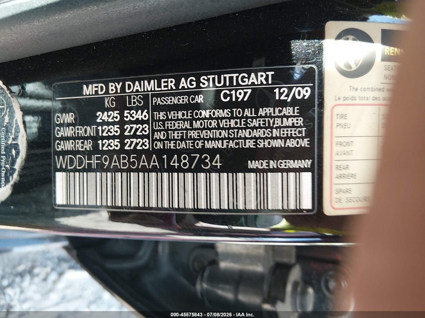 2010 Mercedes-benz E-class VIN WDDHF9AB5AA148734 IAAI salvage auction — FRONT END, Salvage (Idaho), sold $900 on 2026-08-04 (photo 9)