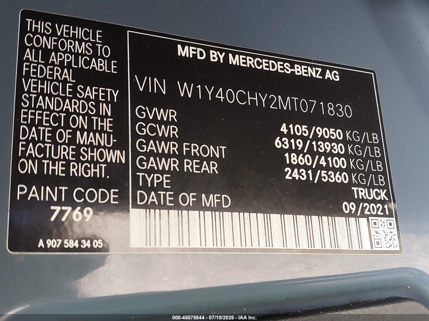 2021 Mercedes-benz Sprinter VIN W1Y40CHY2MT071830 IAAI salvage auction — FRONT END, Salvage (Ohio), sold $4,550 on 2026-07-29 (photo 9)