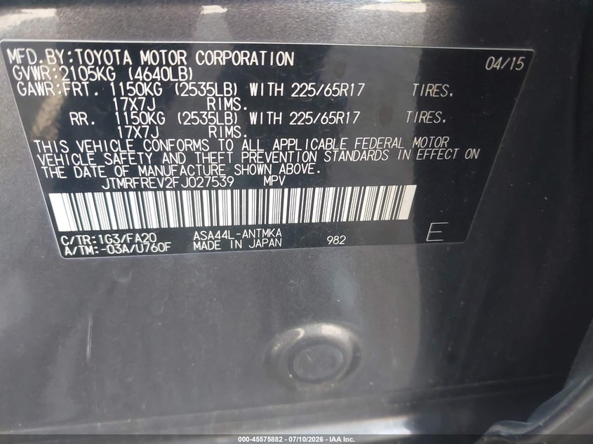 2015 Toyota Rav 4 VIN JTMRFREV2FJ027539 IAAI salvage auction — FRONT END, Salvage (Pennsylvania), sold $2,850 on 2026-07-24 (photo 9)