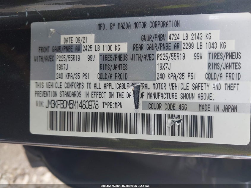 2021 Mazda Cx-5 VIN JM3KFBDM5M1480978 IAAI salvage auction — FRONT END, Clear Claim Paid (Wisconsin), sold $8,600 on 2026-08-02 (photo 9)