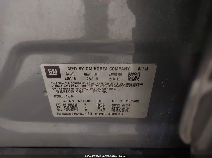 2015 Buick Encore VIN KL4CJFSB2FB127609 IAAI salvage auction — REAR END, Salvage (Pennsylvania), sold $350 on 2026-07-29 (photo 9)