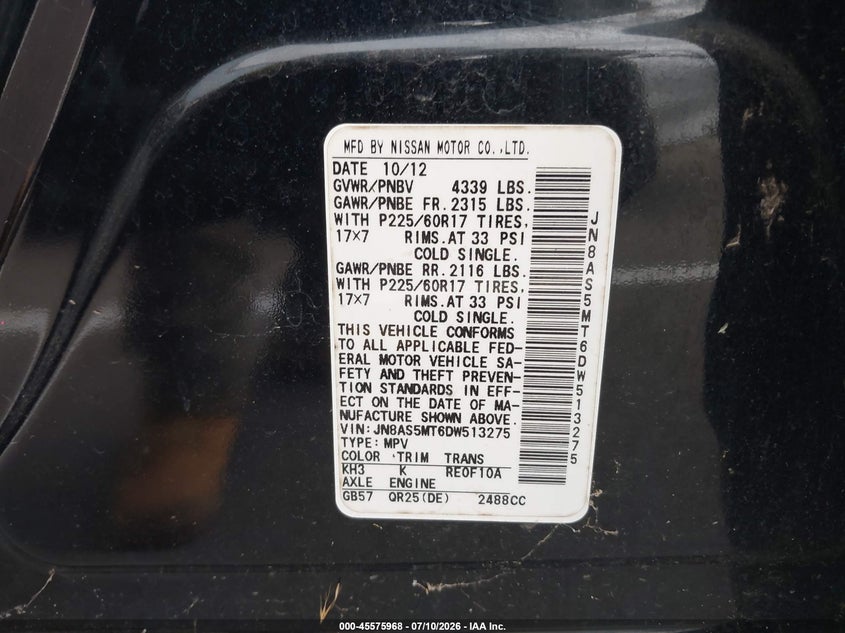 2013 Nissan Rogue VIN JN8AS5MT6DW513275 IAAI salvage auction — NORMAL WEAR, Clear (Mississippi), sold $700 on 2026-07-28 (photo 9)