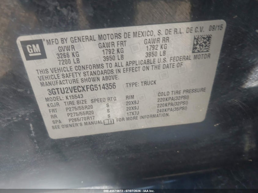 2015 Gmc SIERRA VIN 3GTU2VECXFG514356 IAAI salvage auction — NORMAL WEAR, Clear - Public Restricted (Oklahoma), sold $4,525 on 2026-07-18 (photo 9)