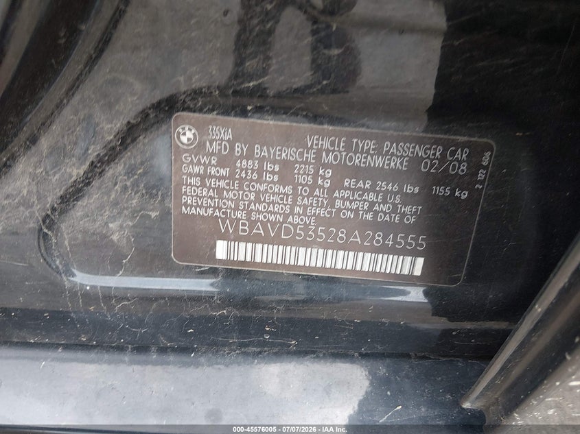 2008 BMW 3 series VIN WBAVD53528A284555 IAAI salvage auction — FRONT END, Clear (Virginia), sold $400 on 2026-08-02 (photo 9)