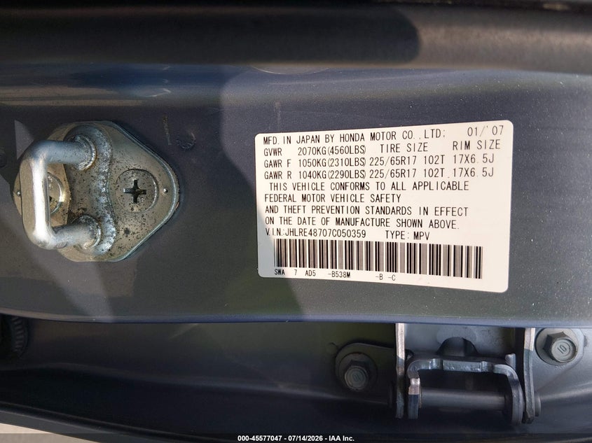 2007 Honda Cr-v VIN JHLRE48707C050359 IAAI salvage auction — FRONT END, Salvage - Greater Than 75% (Maryland), sold $1,600 on 2026-08-02 (photo 9)