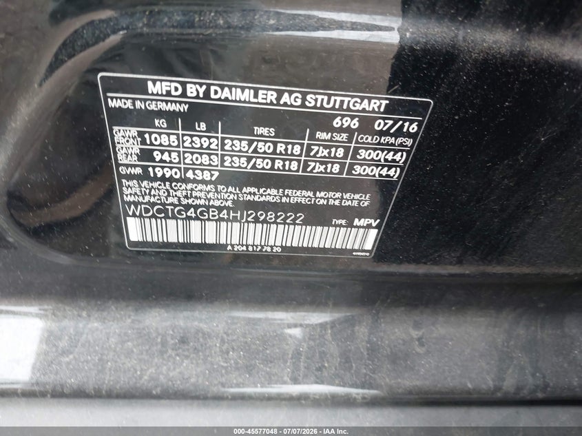 2017 Mercedes-benz Gla-klasse VIN WDCTG4GB4HJ298222 IAAI salvage auction — NORMAL WEAR, Salvage Title, sold $2,975 on 2026-07-31 (photo 9)