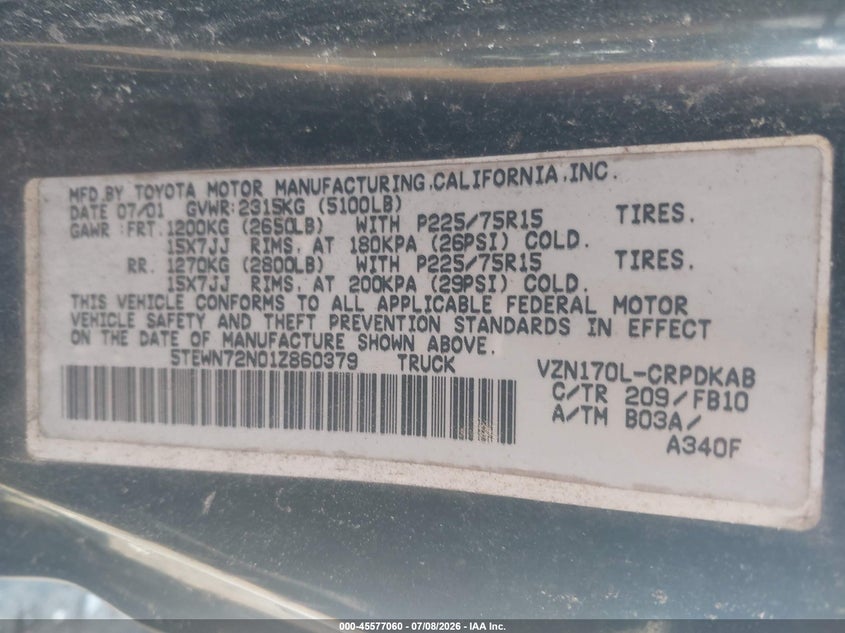 2001 Toyota Tacoma VIN 5TEWN72N01Z860379 IAAI salvage auction — NORMAL WEAR, Clear (Massachusetts), sold $1,425 on 2026-07-24 (photo 9)