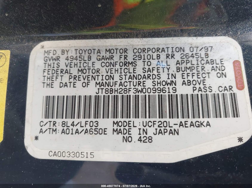 1998 Lexus Ls 400 VIN JT8BH28F3W0099619 IAAI salvage auction — NORMAL WEAR, Salvage (California), sold $300 on 2026-07-29 (photo 9)