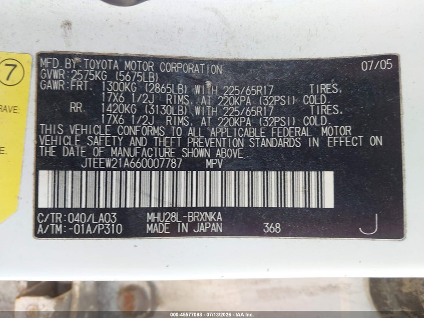 2006 Toyota Highlander hybrid VIN JTEEW21A660007787 IAAI salvage auction — NORMAL WEAR, Enterprise Vehicles Clear Only (Pennsylvania), sold $275 on 2026-07-27 (photo 9)