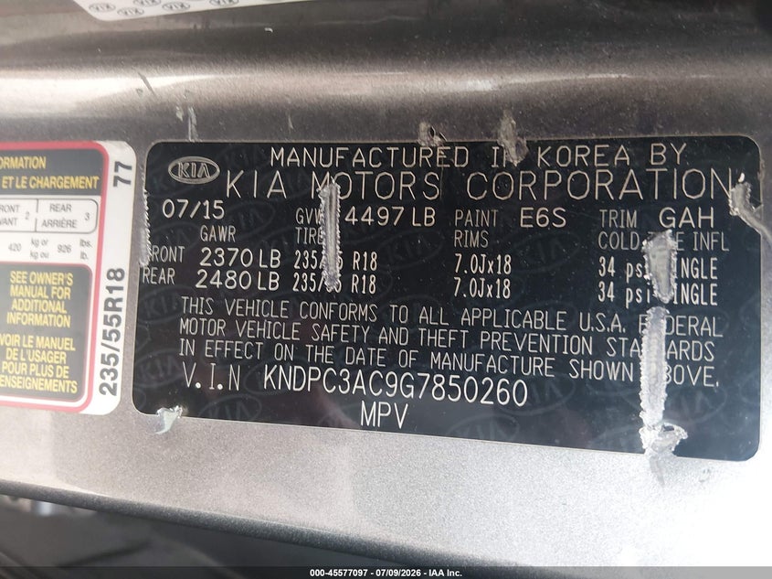 2016 Kia Sportage VIN KNDPC3AC9G7850260 IAAI salvage auction — RIGHT FRONT, Salvage (Pennsylvania), sold $1,600 on 2026-07-29 (photo 9)