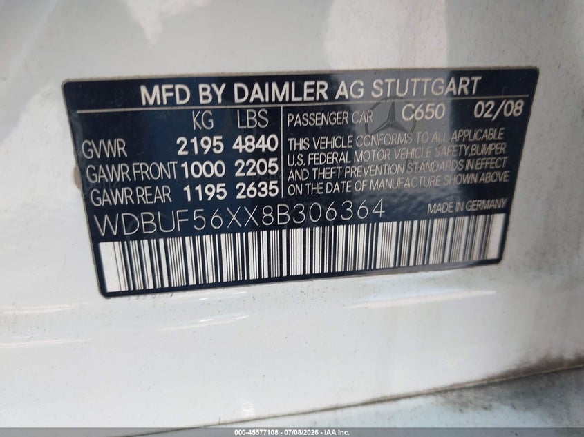 2008 Mercedes-benz E-class VIN WDBUF56XX8B306364 IAAI salvage auction — NORMAL WEAR, Repossession Paperwork (Georgia), sold $875 on 2026-08-19 (photo 9)