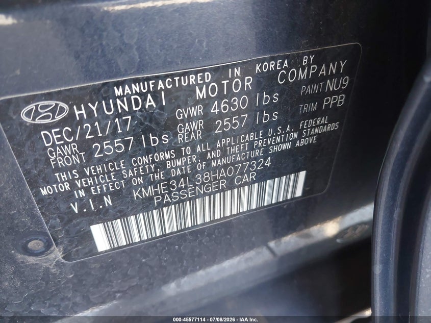 2017 Hyundai Sonata VIN KMHE34L38HA077324 IAAI salvage auction — RIGHT SIDE, Salvage (California), sold $500 on 2026-07-28 (photo 9)