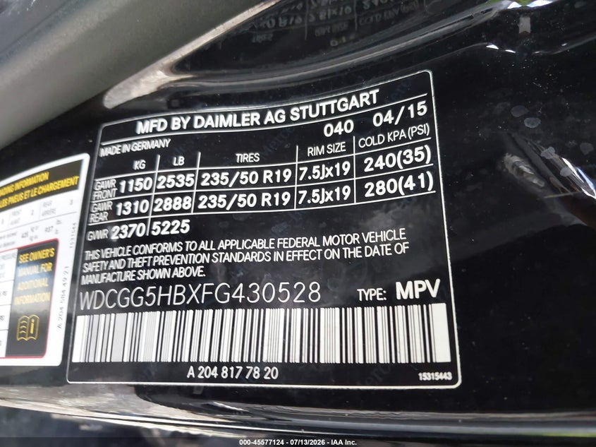 2015 Mercedes-benz Glk-klasse VIN WDCGG5HBXFG430528 IAAI salvage auction — EXTERIOR BURN, Salvage (Idaho), sold $375 on 2026-08-10 (photo 9)