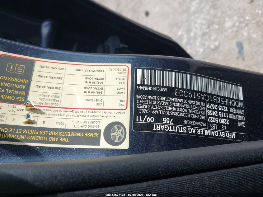 2012 Mercedes-benz E-klasse VIN WDDHF5KB1CA519303 IAAI salvage auction — REAR END, Rebuildable (Florida), sold $1,050 on 2026-07-20 (photo 9)