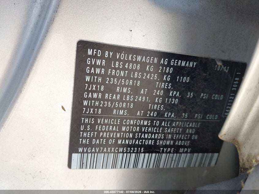 2012 Volkswagen Tiguan VIN WVGAV7AXXCW532315 IAAI salvage auction — REAR END, Clear (Massachusetts), sold $275 on 2026-07-18 (photo 9)
