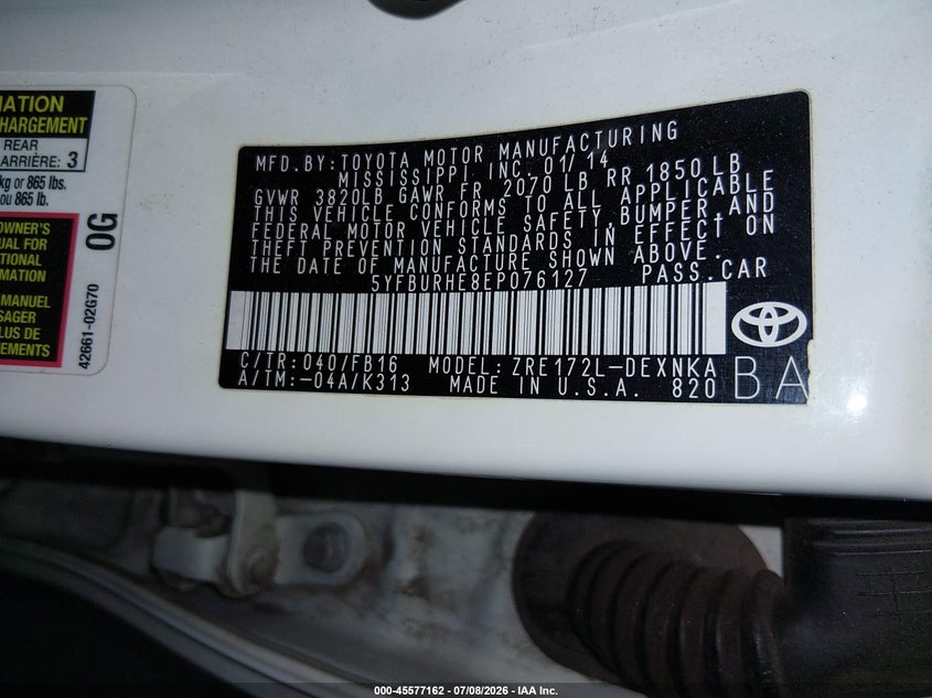 2014 Toyota Corolla VIN 5YFBURHE8EP076127 IAAI salvage auction — FRONT END, Salvage (Arizona), sold $200 on 2026-07-28 (photo 9)