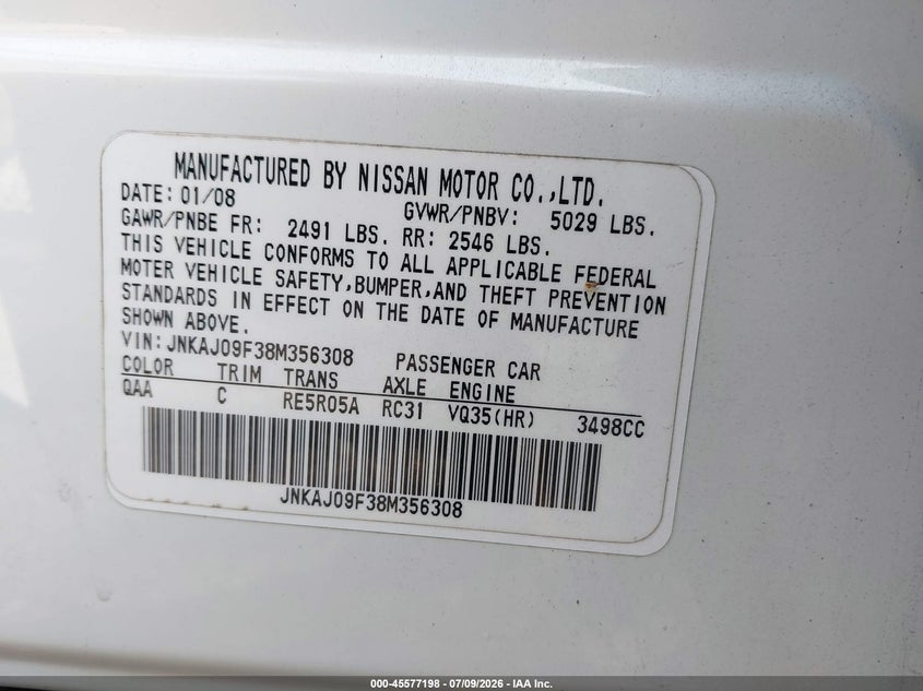 2008 Infiniti Ex35 VIN JNKAJ09F38M356308 IAAI salvage auction — FRONT END, Clear (New Jersey), sold $350 on 2026-07-22 (photo 9)